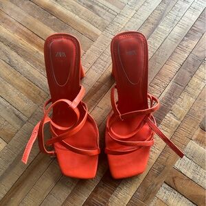 Zara heels orange, block heel, strappy, worn once